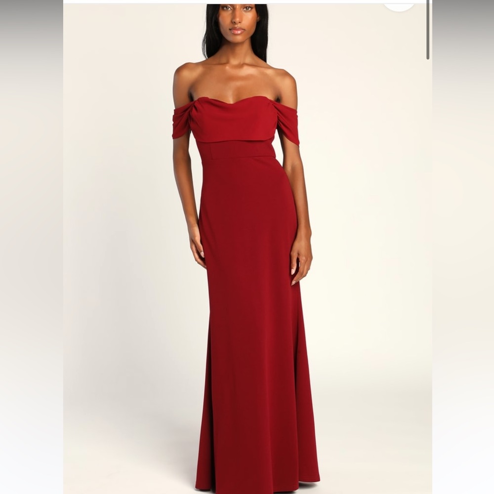 Burgundy/ red off-the—shoulder mermaid maxi dress